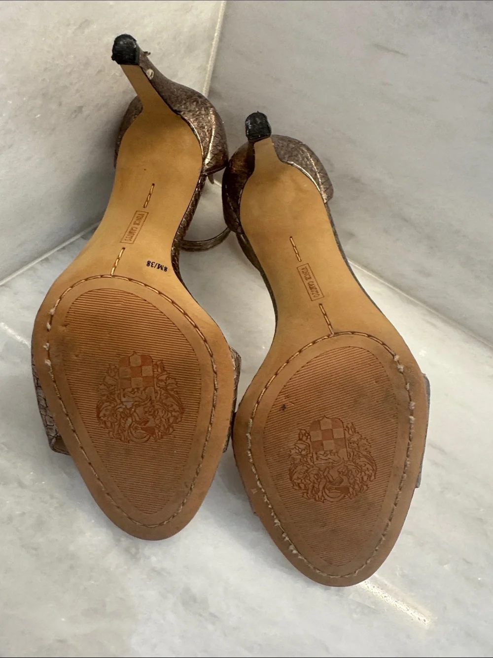 Vince Camuto Metallic Bronze Gold Strappy Open-Toe Heels 8 - Picture 4 of 11